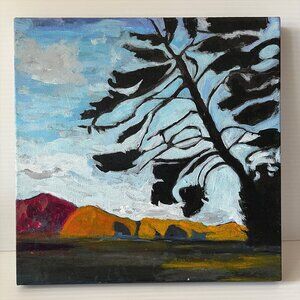 Original Landscape Oil Painting Tree Silhouette Mountains Modern Abstract Art